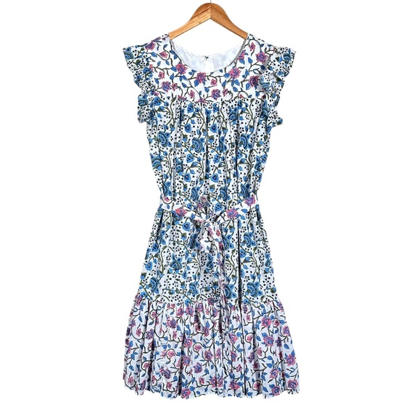 VINTAGE Smocked Floral Tapestry Ruffled Boho Midi Waist Tie Dress - Picture 4 of 11